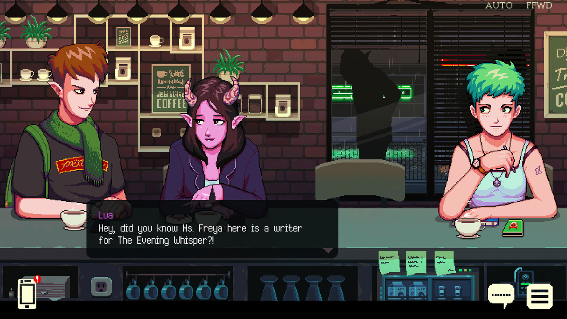 Three customers sitting at the bar during the relaxing game, Coffee Talk.