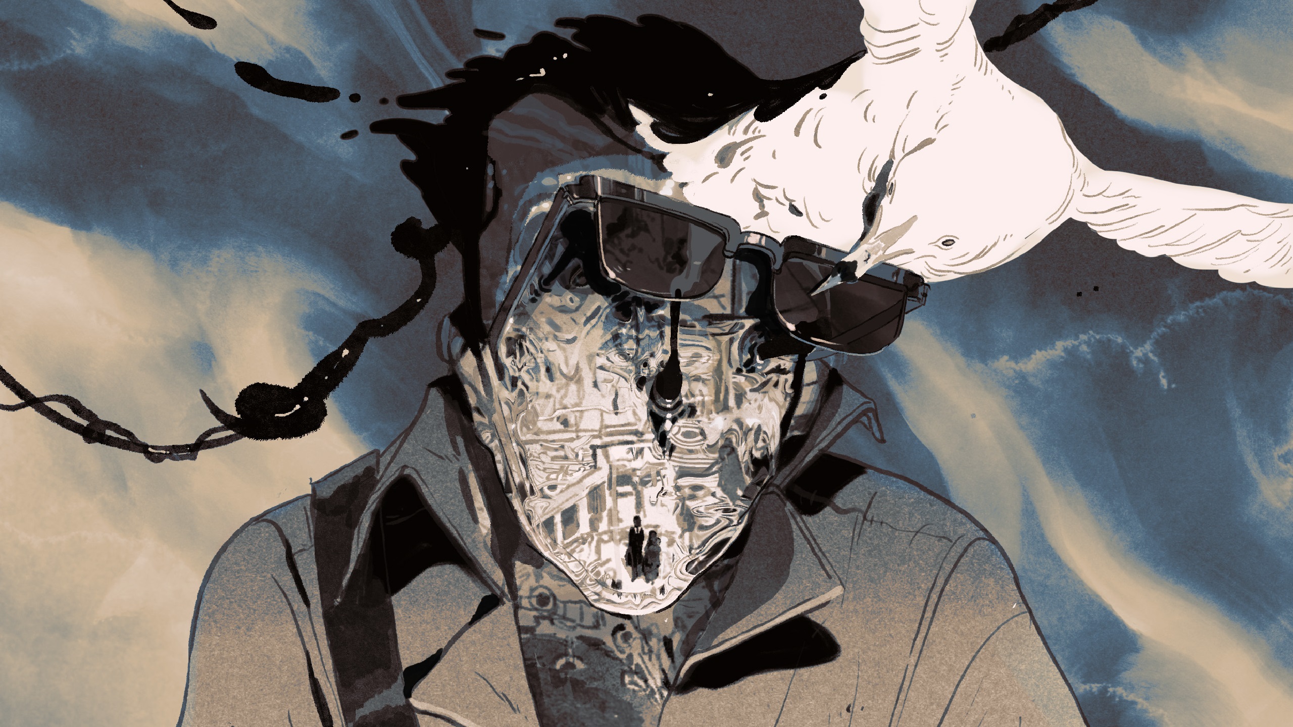 Zoom-in of journal art from ZA/UM's project C4, showing a man with a mechanical face having his sunglasses stolen by a seagull.