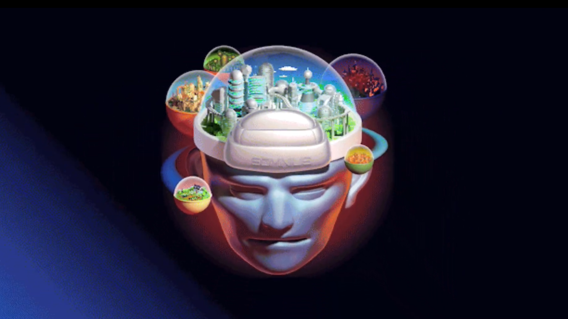 Screenshot from Dreamsettler's reveal trailer, showing a clay-like face on a black background with different cities existing in bulbs on the face's head.