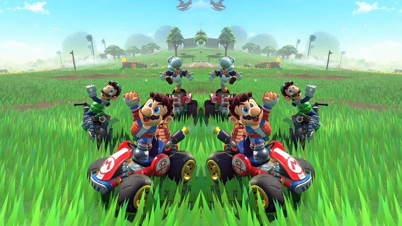 A mirror image of racers in Mario Kart World