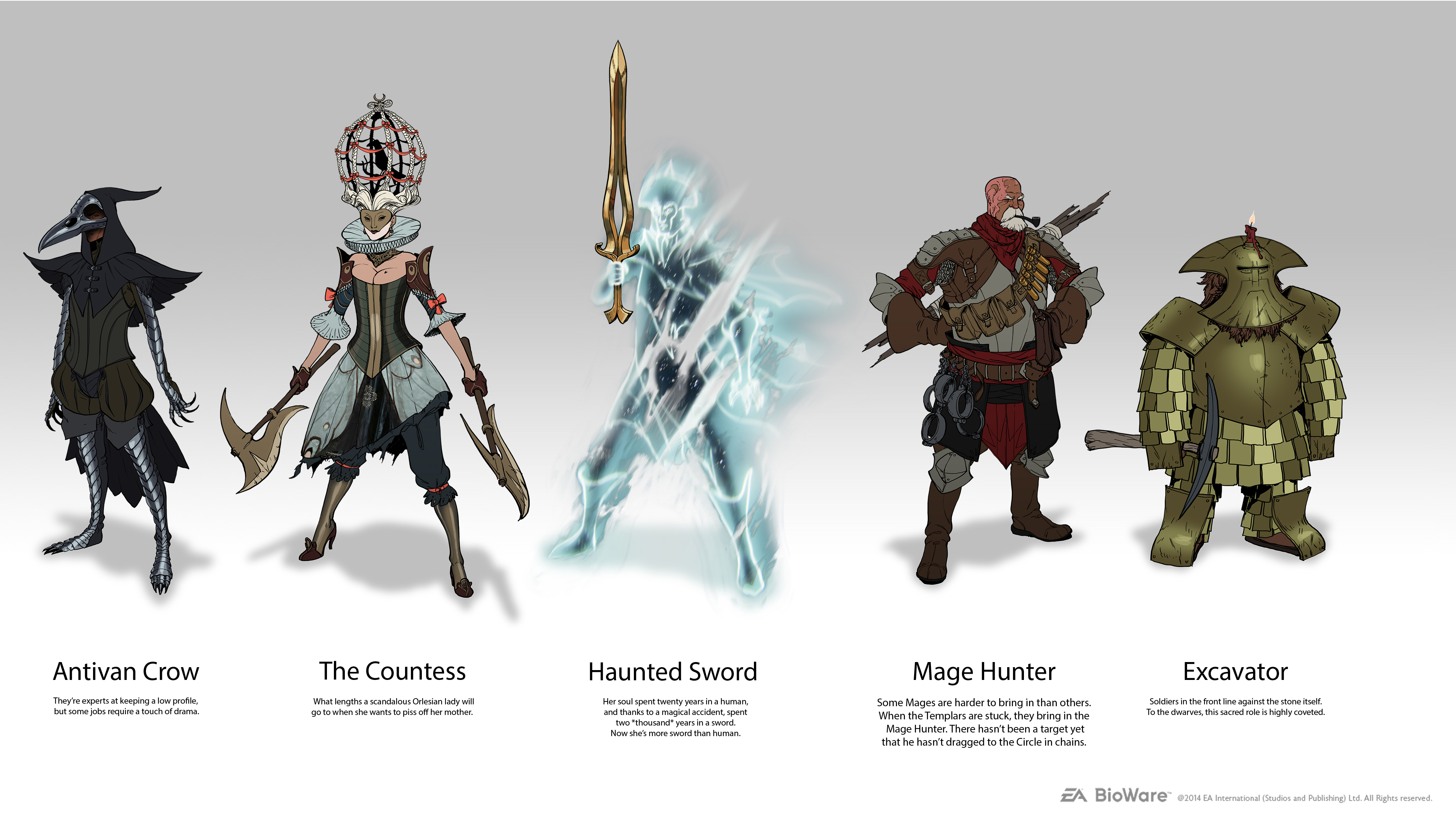 b2e8tnapo5rq2yh2fmzxhy Dragon Age character concepts, including a spirit warrior and an Orlesian noblewoman-turned berserker