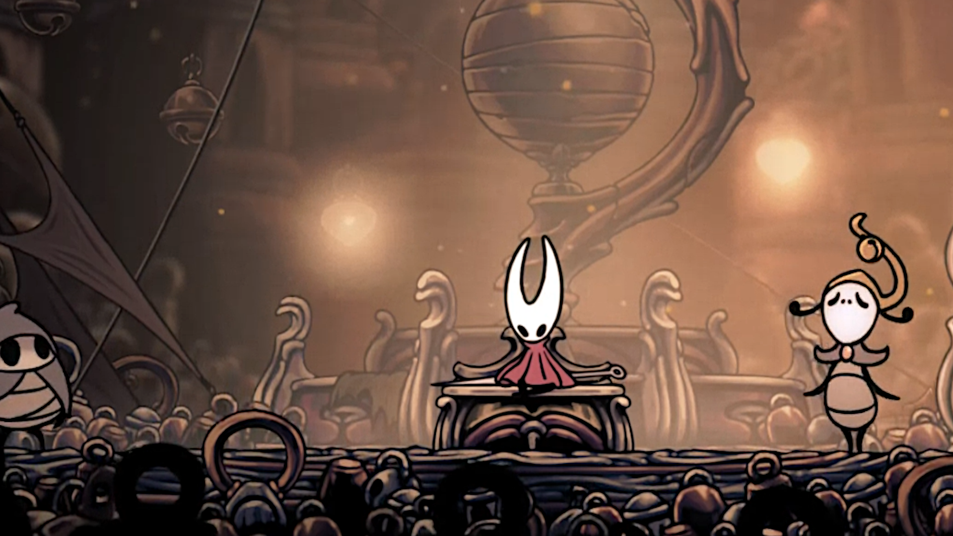Hornet from Hollow Knight: Silksong is seated, morose, on a bench.