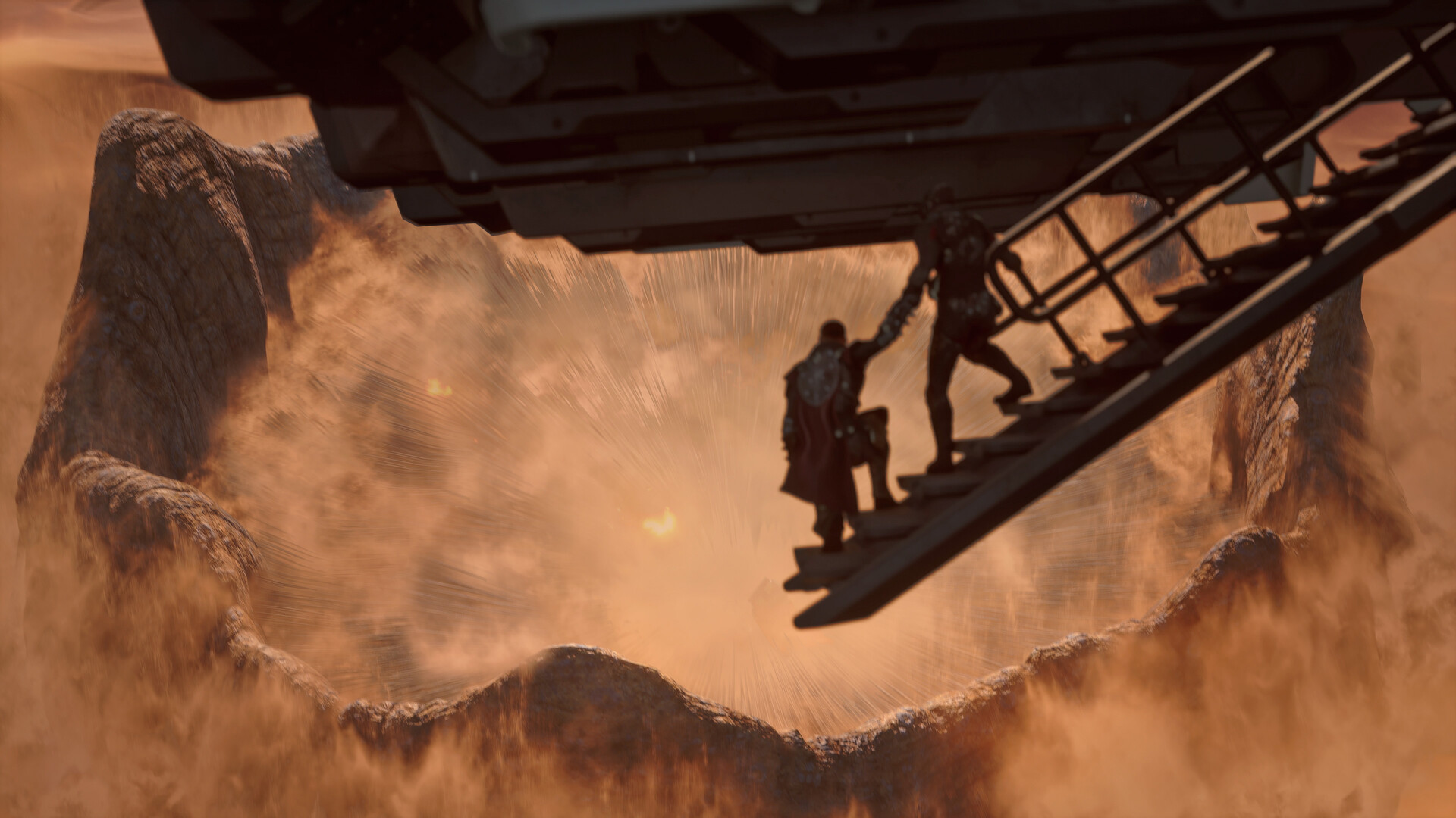 Dune: Awakening - two soldiers looking at the mouth of a sandworm during the new game.