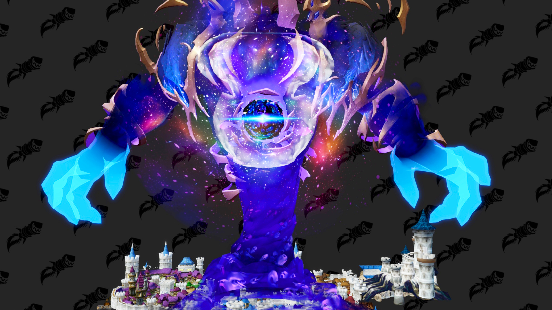 A World of Warcraft model viewer screenshot from Wowhead of the Dimensius boss who looks like a gigantic purple creature with a galaxy in its center. He's standing over the capital city of Stormwind.