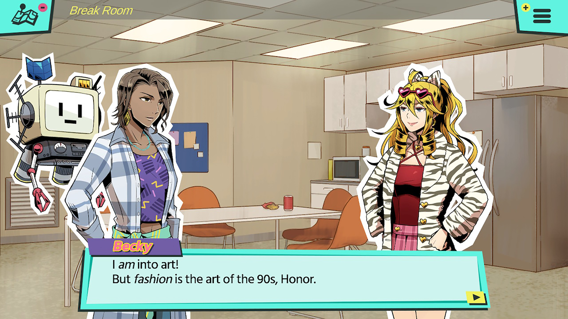 A screenshot of Becky talking during the relaxing game, Murder By Numbers.