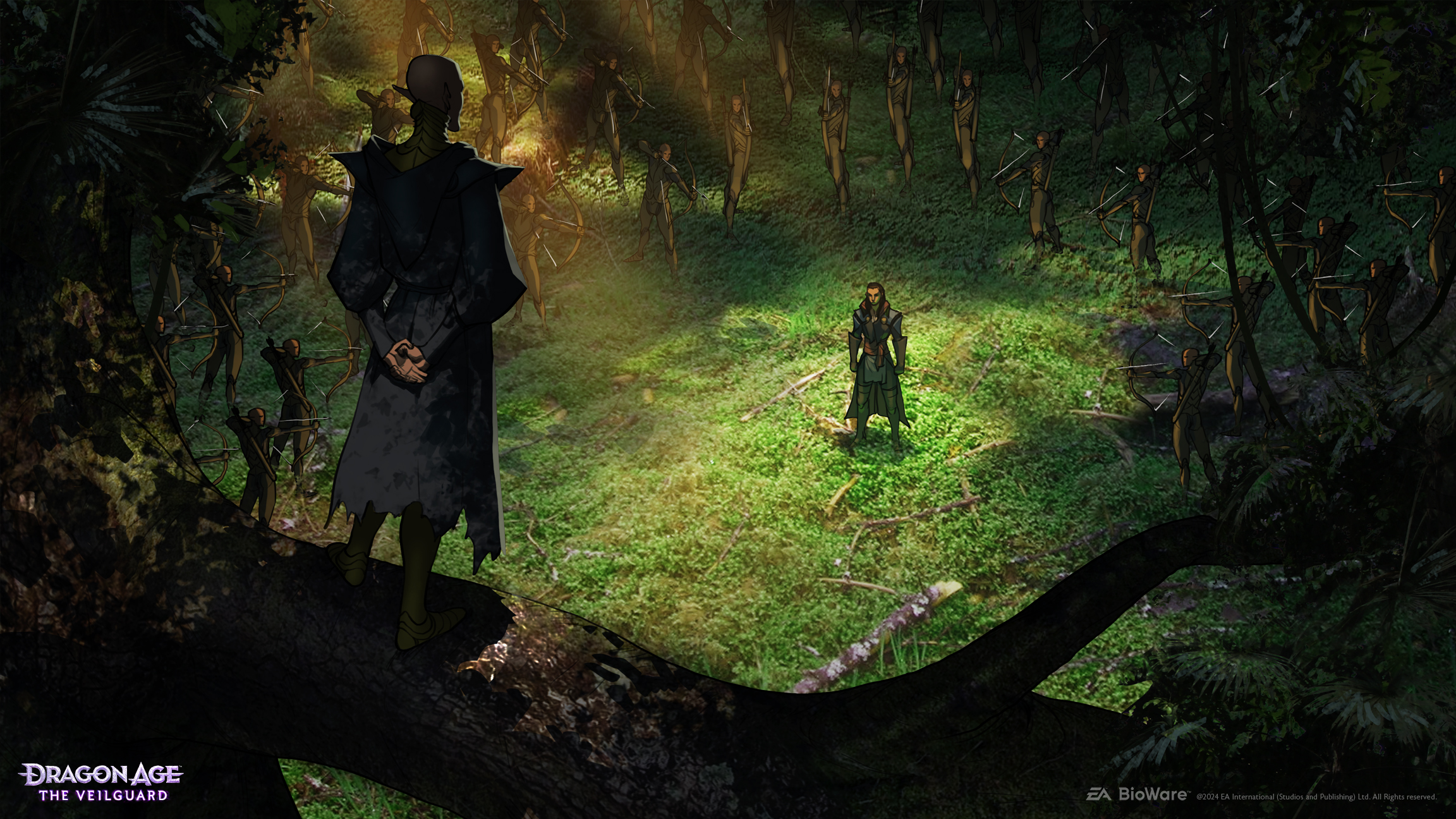 exchrbdnhukhqwnjsyymla Solas overlooks a single standing figure ringed by elves aiming their bows at them.