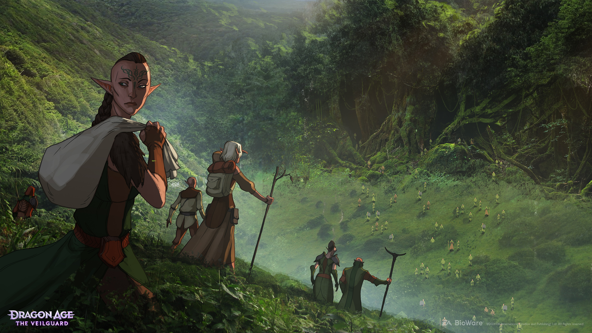 fcfkvhxenaxtfp4sqgesua Dalish elves walk into a thick forest, one, holding a knapsack, looks behind toward the camera.