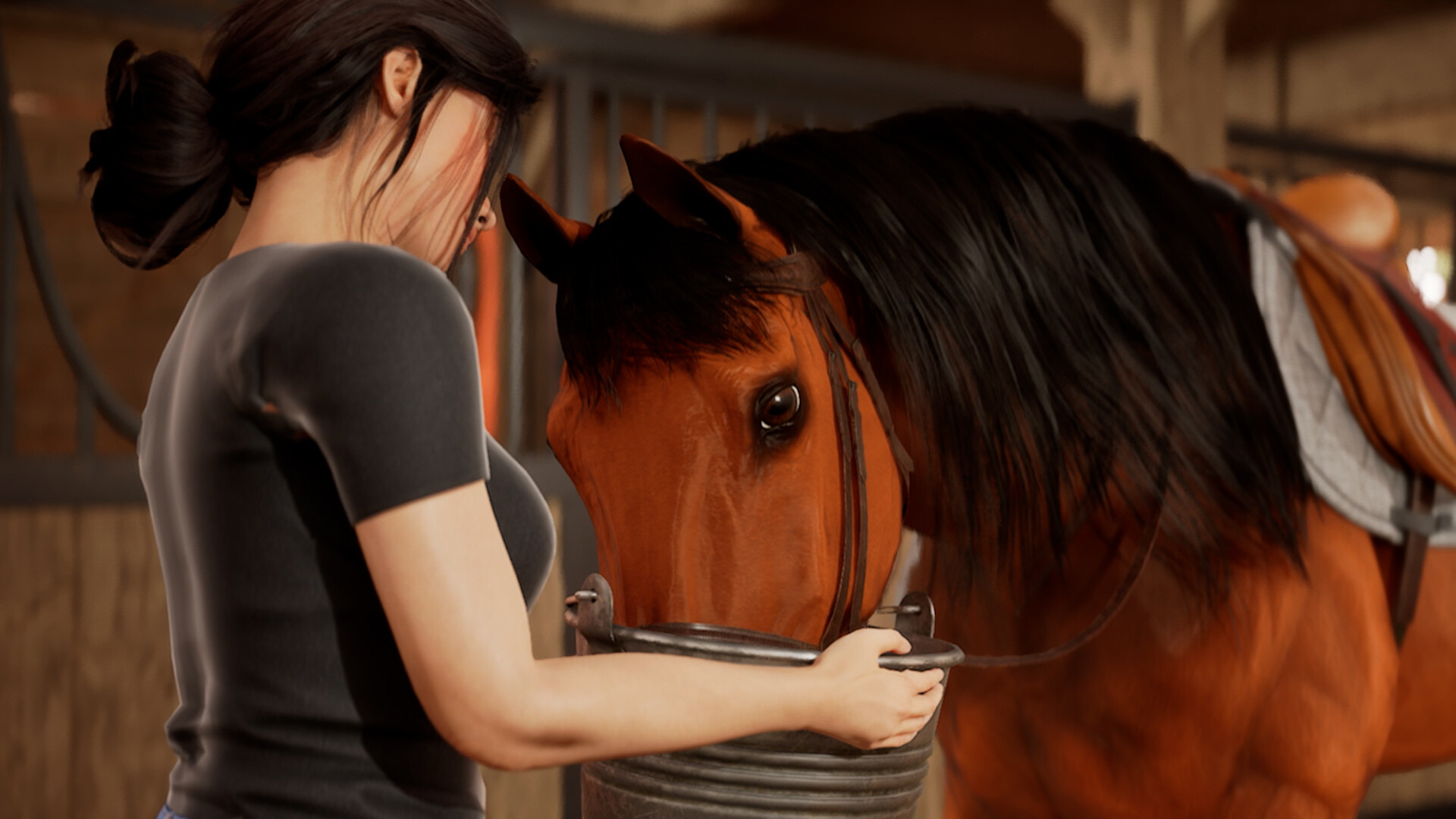 A screenshot shows a woman helping a reddish horse drink from a metal bucket.