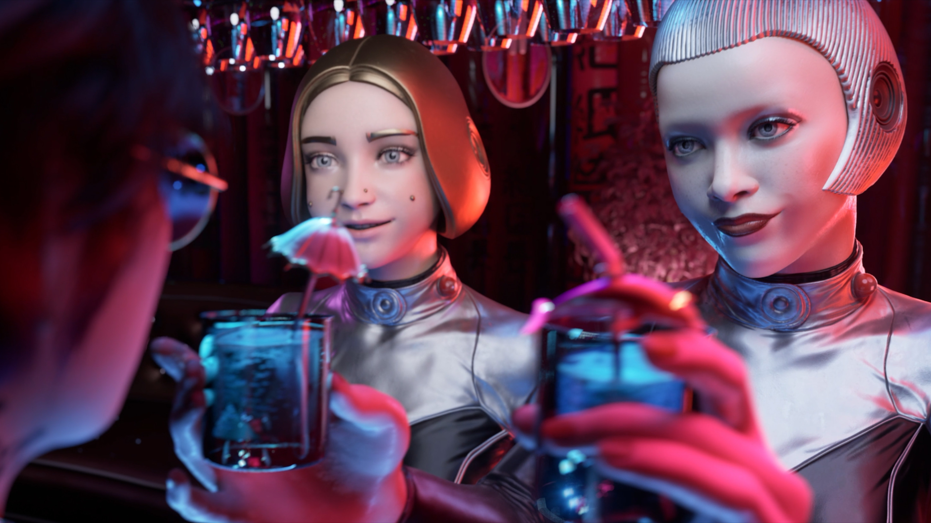 Atomic Heart 2 gameplay showing two robots raising drinks to a woman covered in shadow