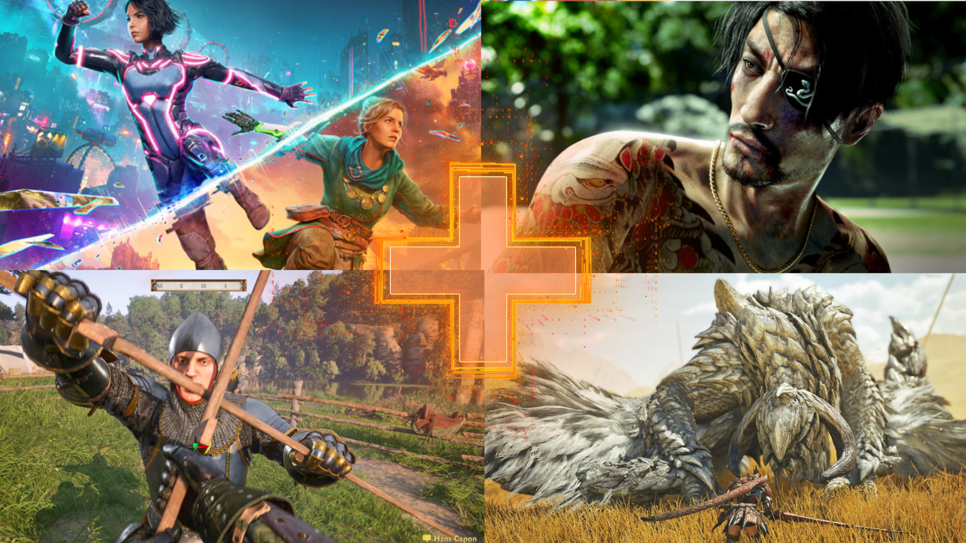 Best games of 2025: images of Split Fiction, Like a Dragon Pirate Yakuza in Hawaii, Kingdom Come Deliverance 2, and Monster Hunter Wilds.