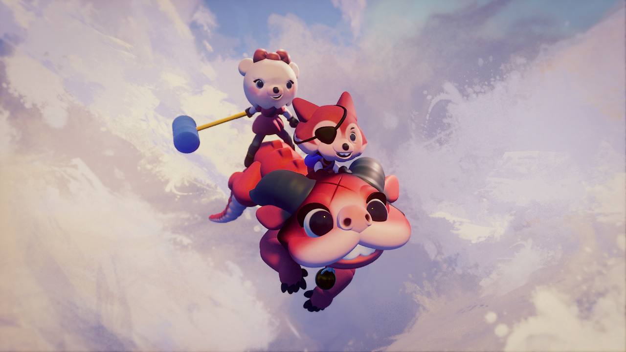 A fox and a small bear riding a cute dragon in the sky during the feel good game, Dreams.