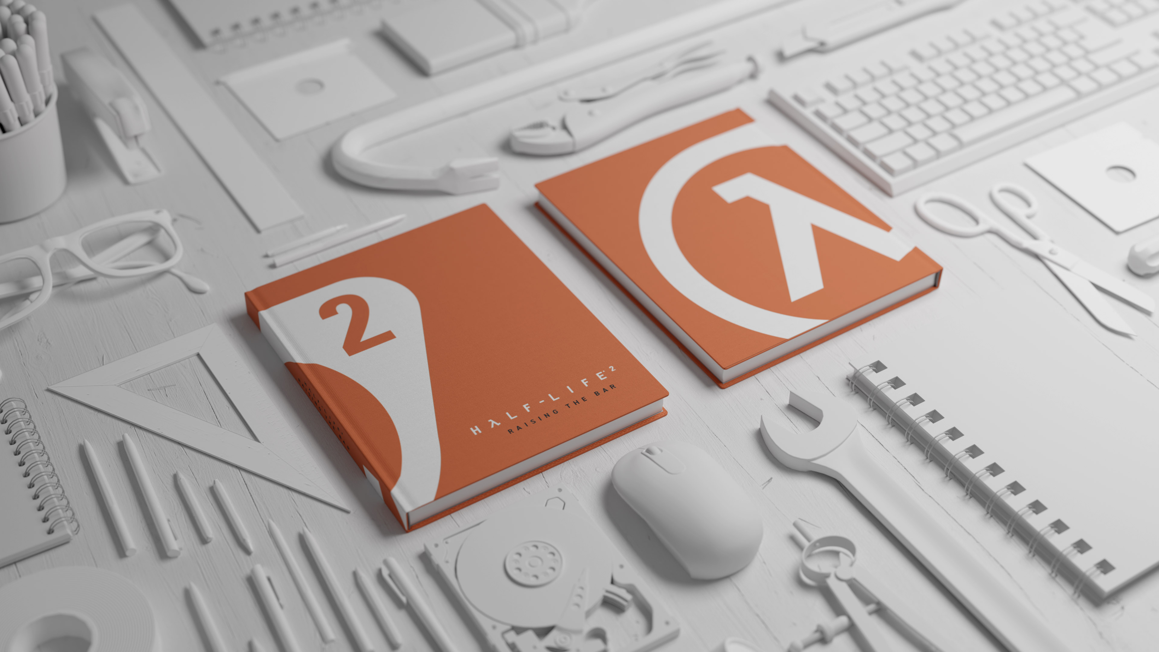 hrt2y9yrjkacsjnms4by8h-1 Render of the new Half-Life 2: Raising the Bar art book, with an orange cover featuring a zoomed-in Lambda symbol spread over the front, back, and spine, all in a field of bone-white office supplies neatly arranged in a grid.