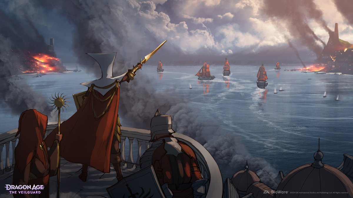 jcswkrryvavm7npn6cnel9 Chantry figures on the deck of a ship overlook a naval battle and bombardment of a city.