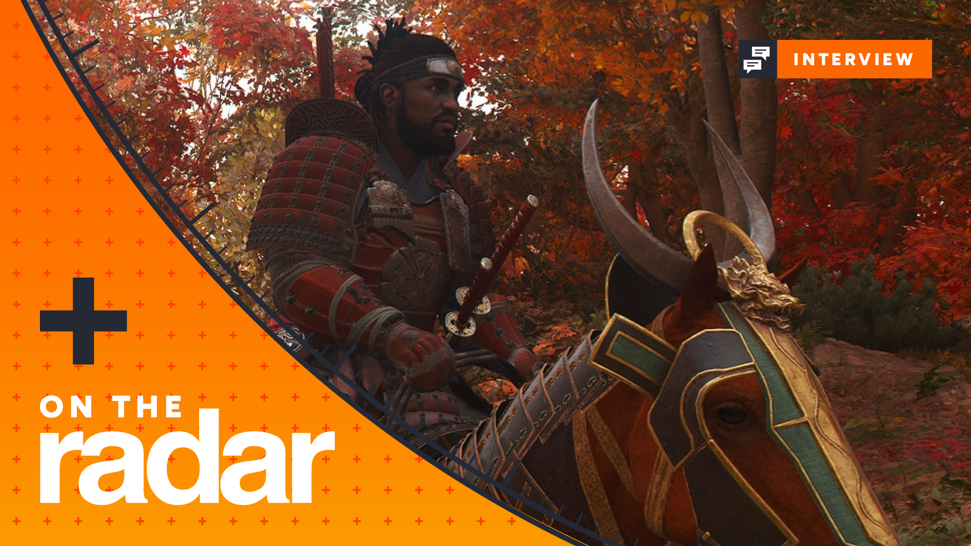 Assassin's Creed Shadows protagonist Yasuke riding through an autumnal forest on horseback, with an overlay for GamesRadar+'s On The Radar initiative