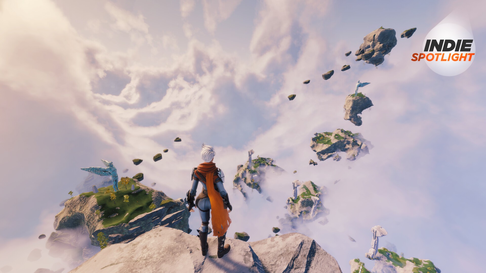 Lost Skies screenshot of the player-character looking out over a vista of floating islands above the clouds with the Indie Spotlight logo in the top right corner