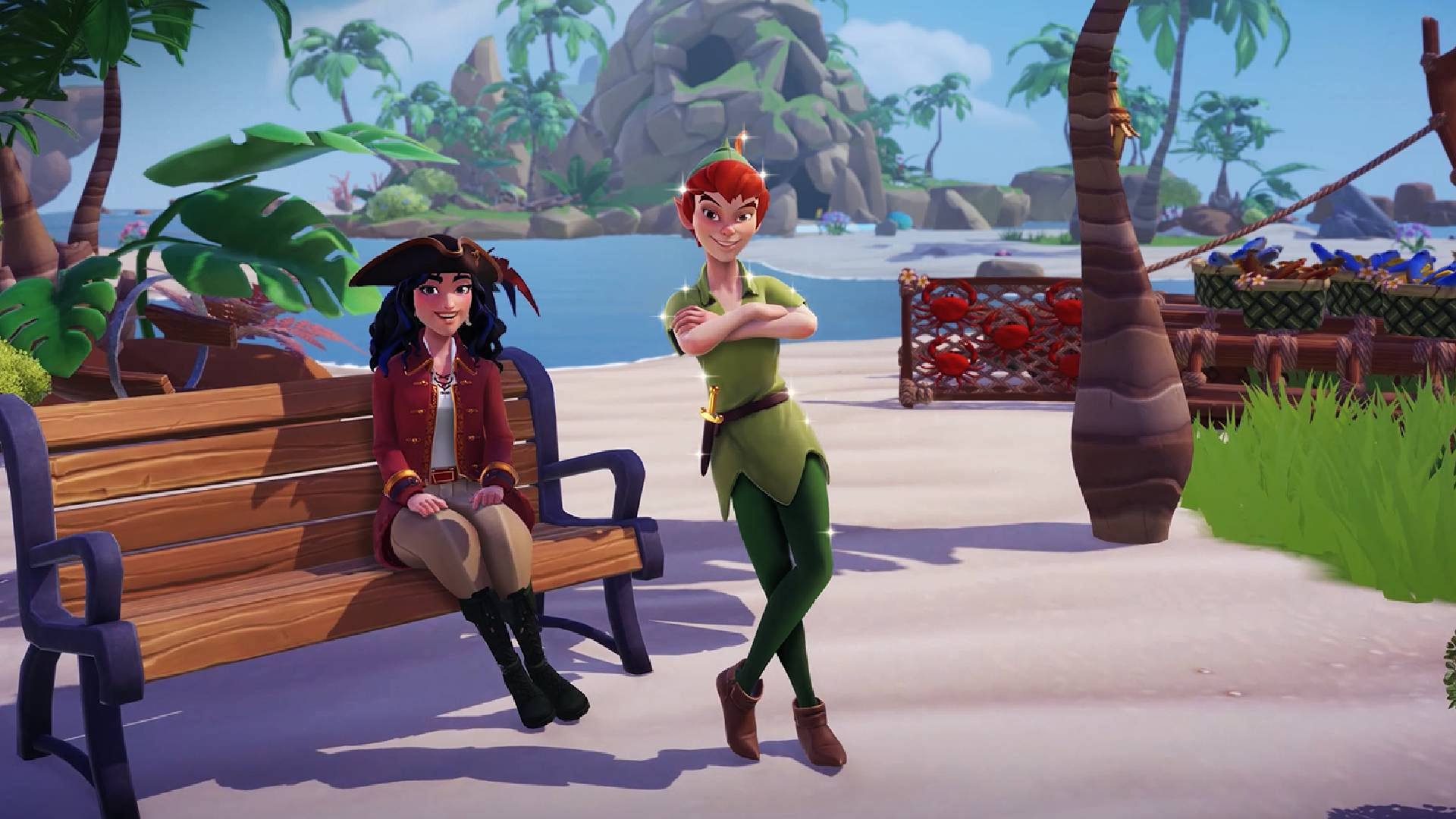 Peter Pan and character player sat on a bench in front of Skull Rock on Dazzle Beach