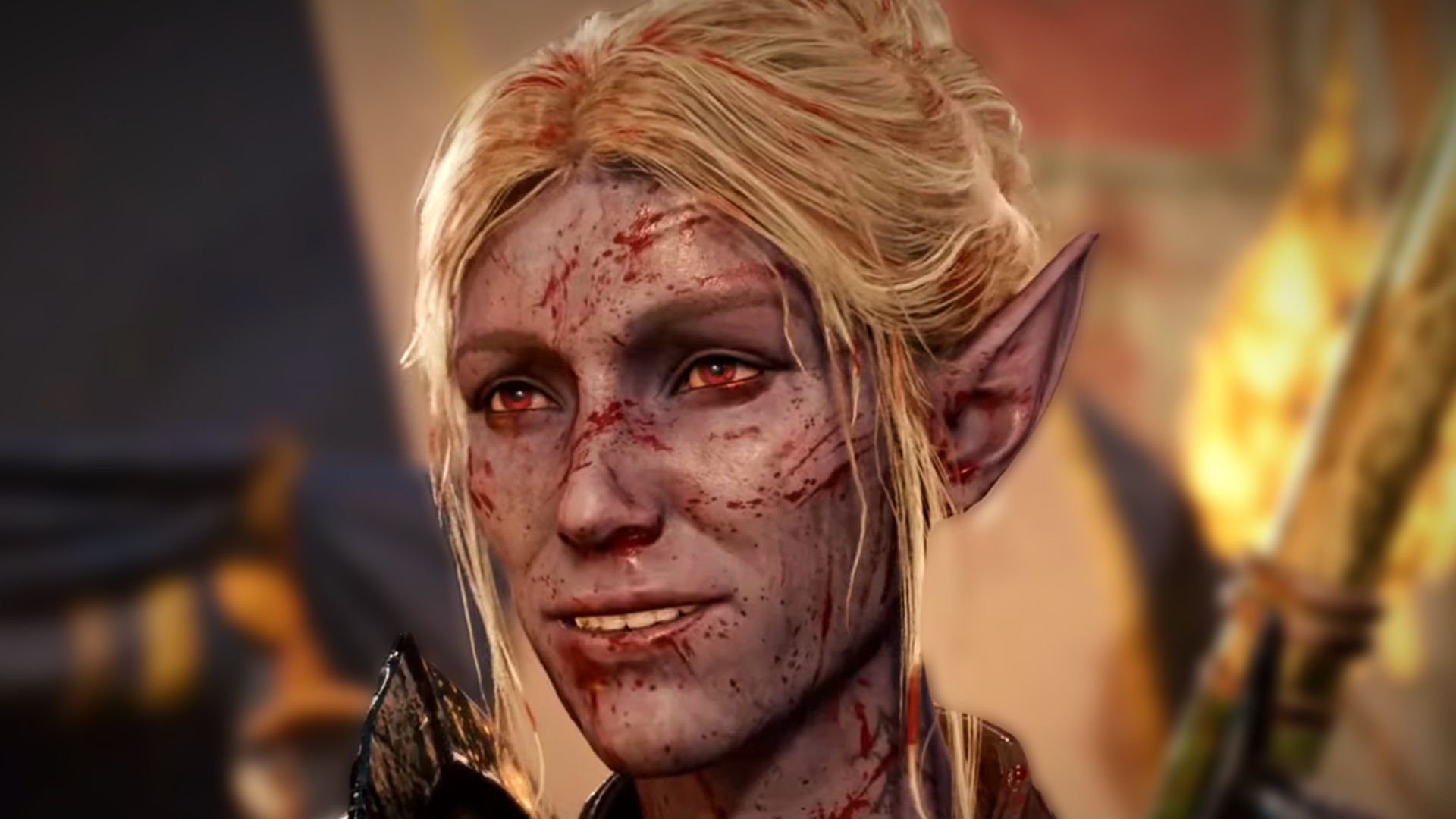 Baldur's Gate 3 Minthara, a drow with pale purple skin and light blonde hair, smirks as her face is covered in blood splatter