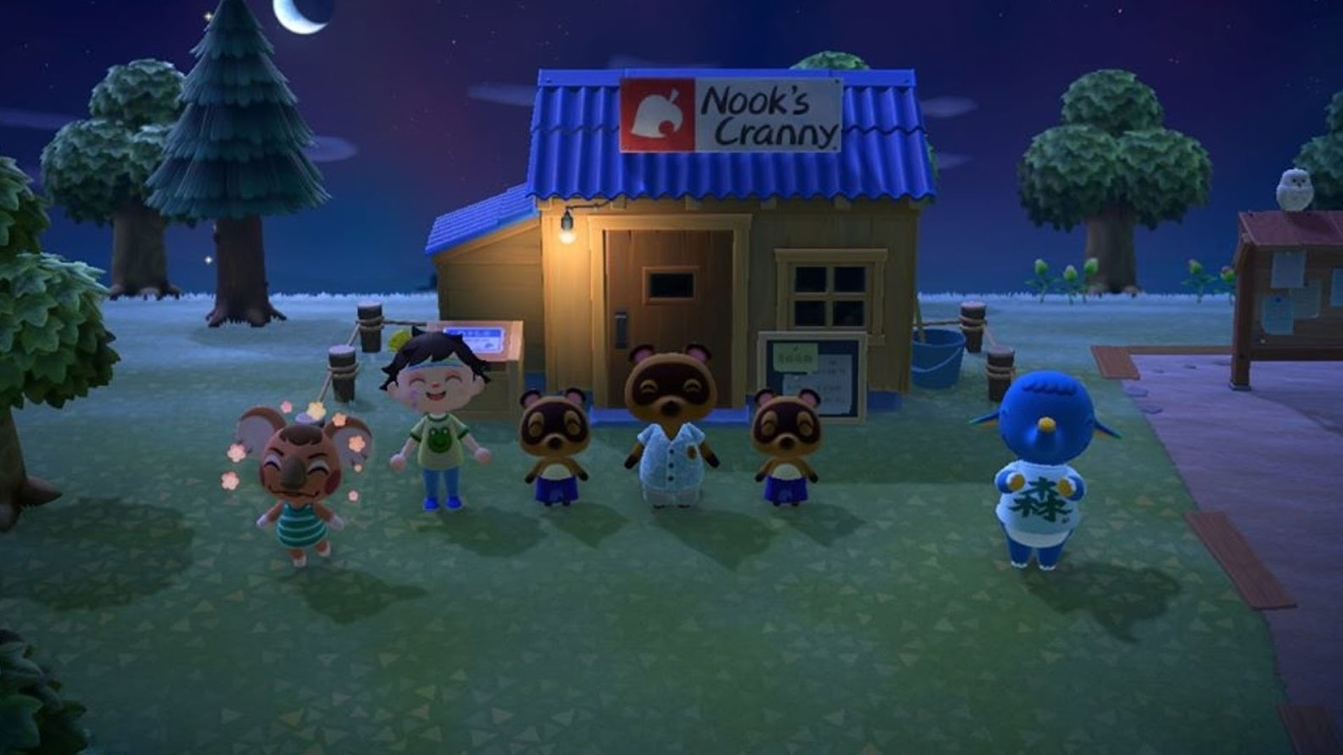 nrmazdbsvdnfjrxalraaah-1 Best relaxing games: all the villagers and Tom Nook smiling outside of Nook's Cranny during Animal Crossing New Horizons.