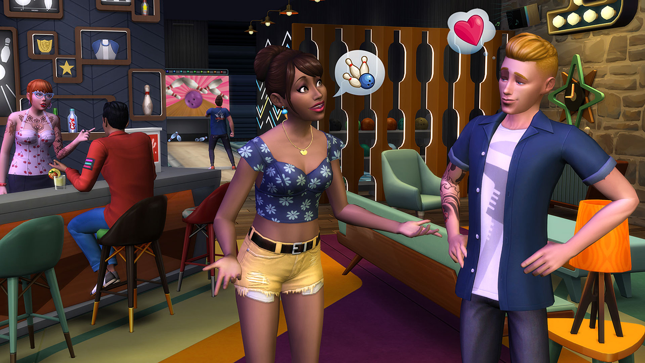 Two Sims chatting a bar during the feel good game, The Sims 4.