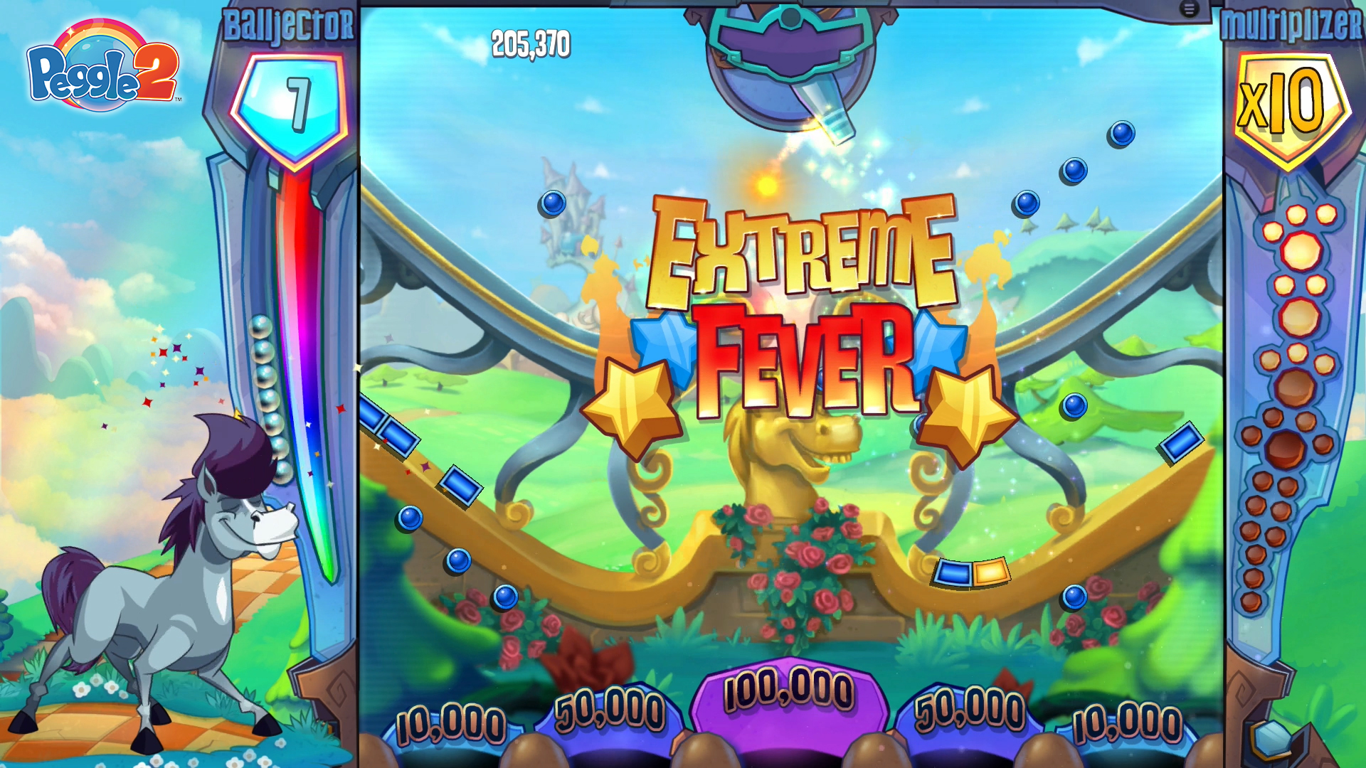 A screenshot of a level during the feel good game, Peggle Deluxe.
