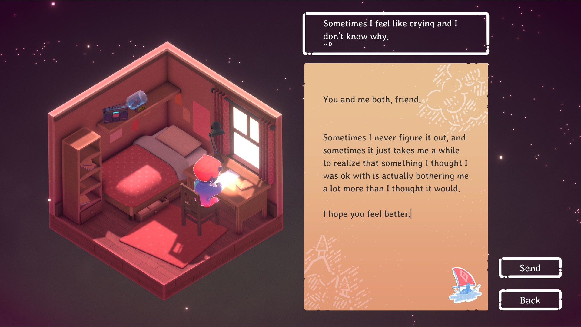 A player sitting in their room writing a letter during the feel-good game, Kind Words (lo-fi chill beats to write to).