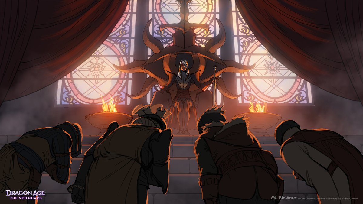 pebqk59aefbxsrjxvenim9 Well-dressed figures bow before a character on the Inquisitor's throne.