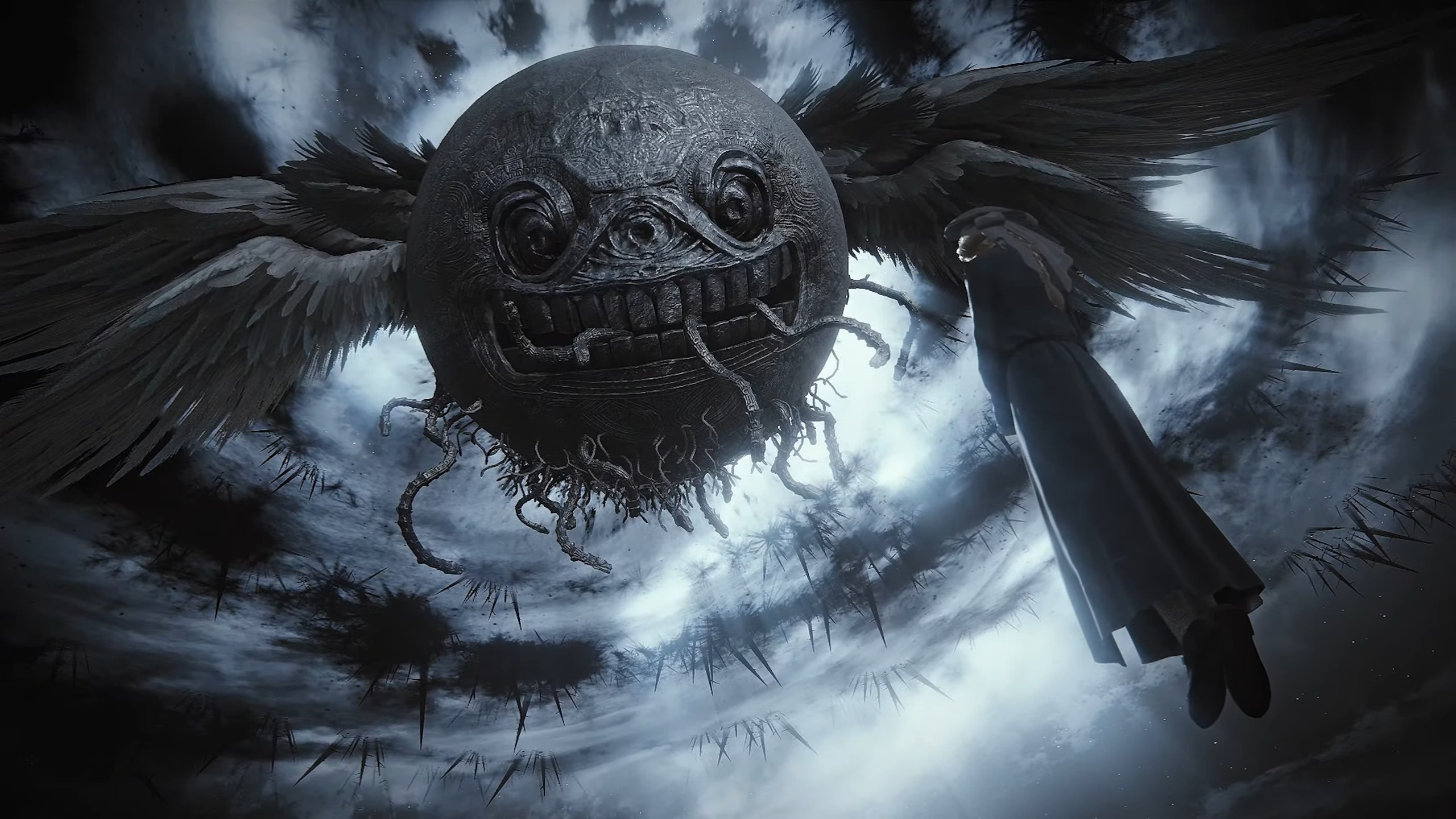 The Duskbloods screenshot showing someone standing beneath a giant spherical moonlike creature, which has a staring face and angelic wings