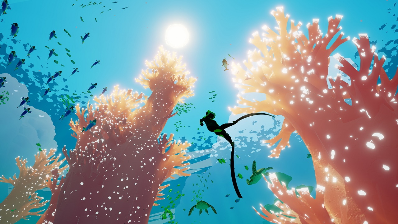A diver swimming to the surface during the relaxing game Abzu.