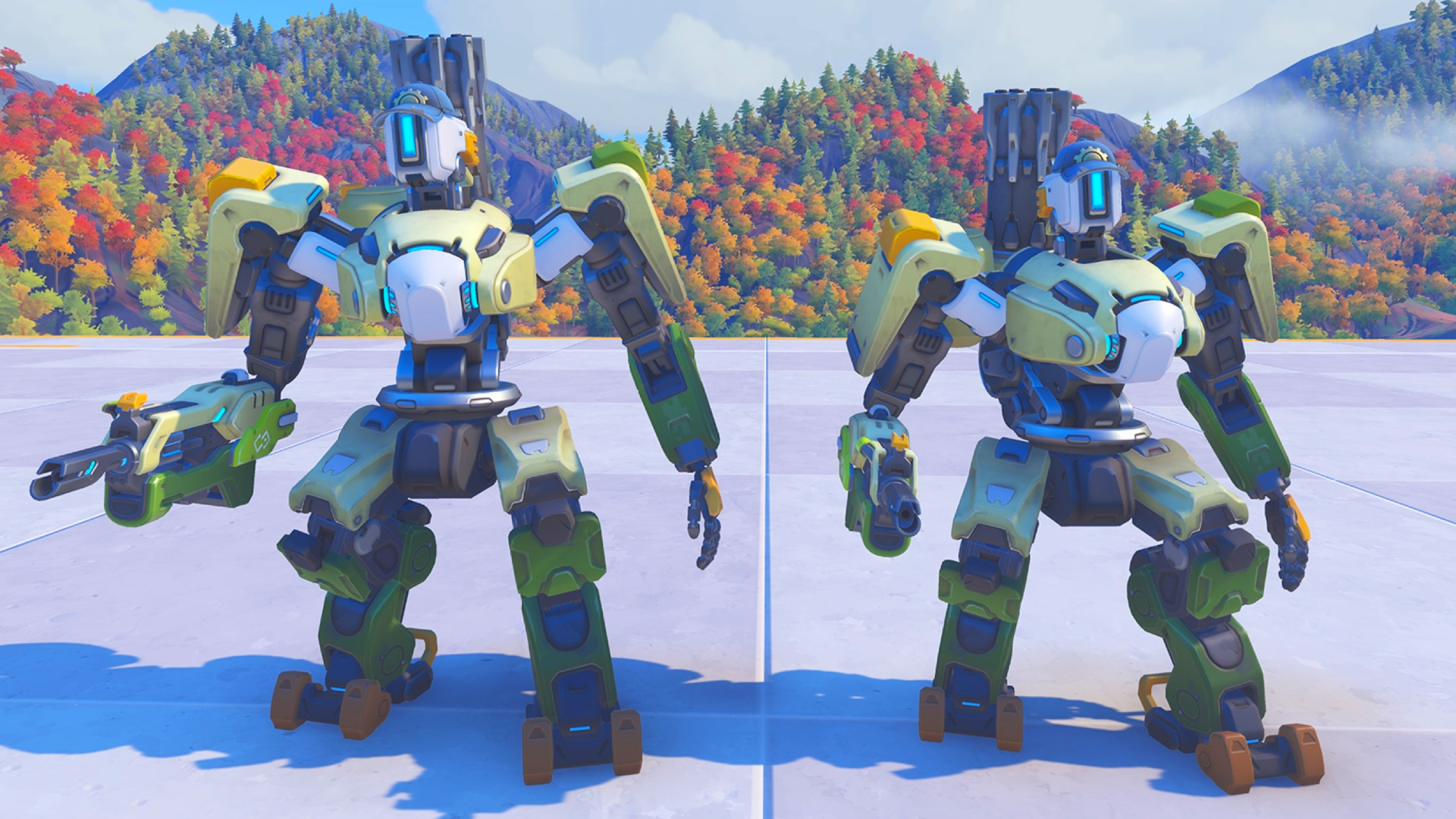 A side-by-side screenshot of Overwatch hero Bastion. On the left is his current size as of season 16 and on the right is his size in season 17, which is 10% smaller.