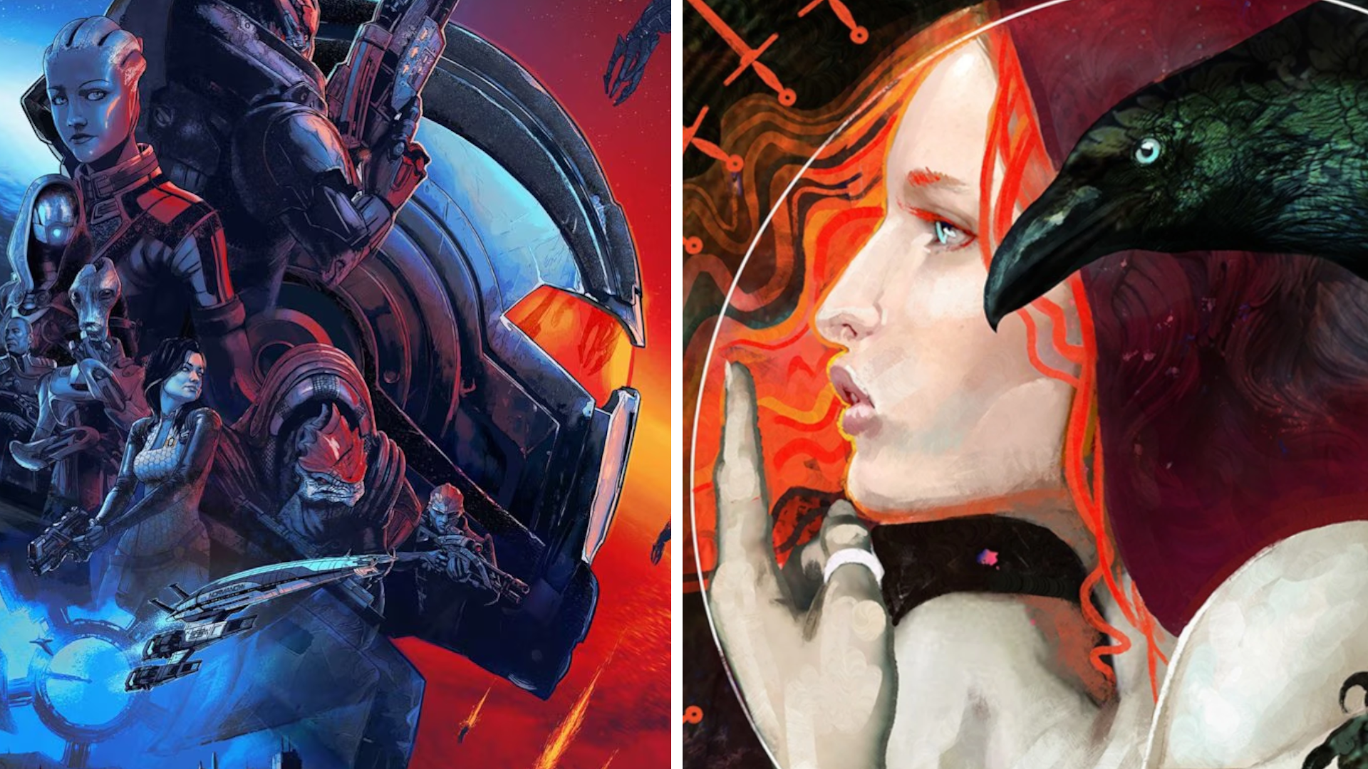 The concept art for Mass Effect's legendary edition in a stand-off with The Queen of Swords tarot from Dragon Age.
