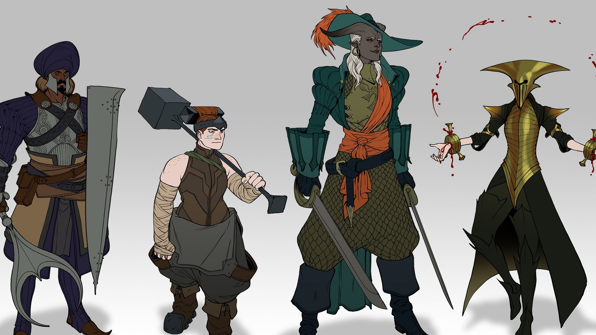 tqn7zaopmquix9qxurgfud-1 Turbaned warrior, dwarf with hammer, Qunari Swashbuckler, and a gold-clad blood mage all in a line in concept art sketch for Dragon Age: Inquisition
