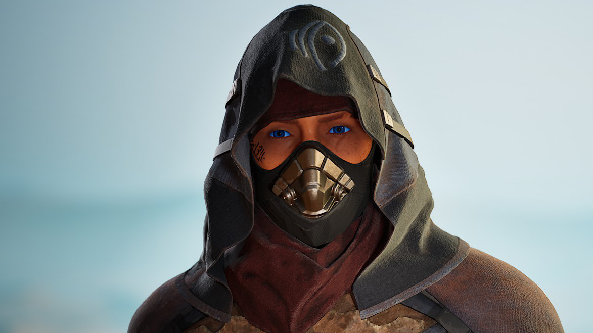 A character in a mask and hood in Dune Awakening