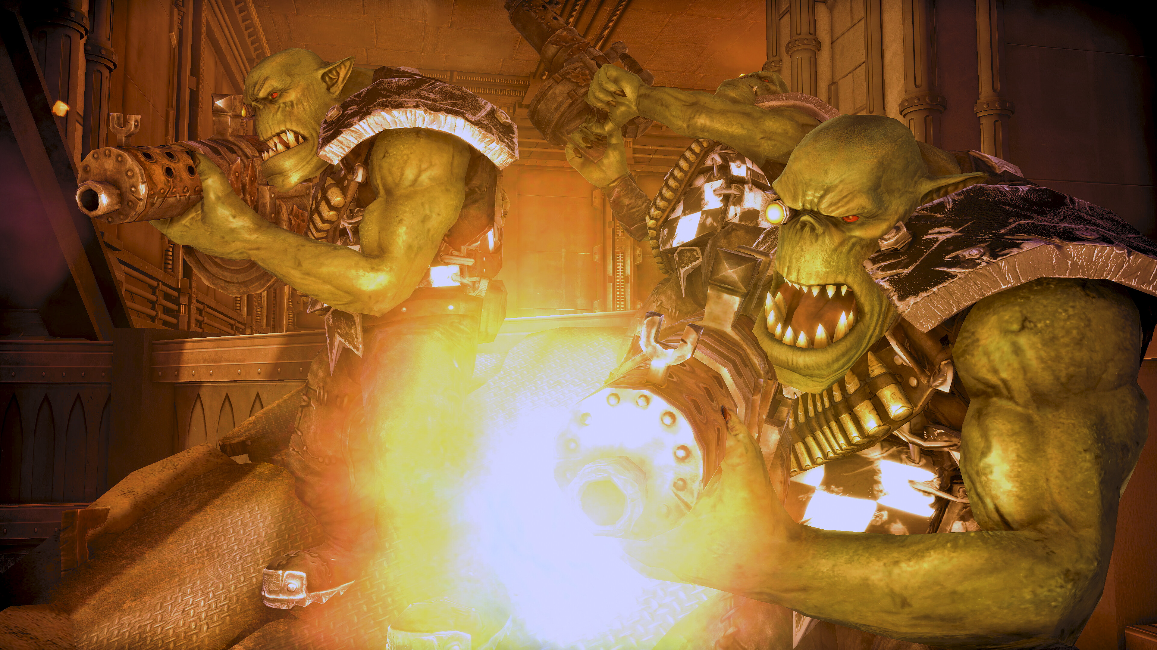 A pair of armor-clad orks fire their shootas at the camera.