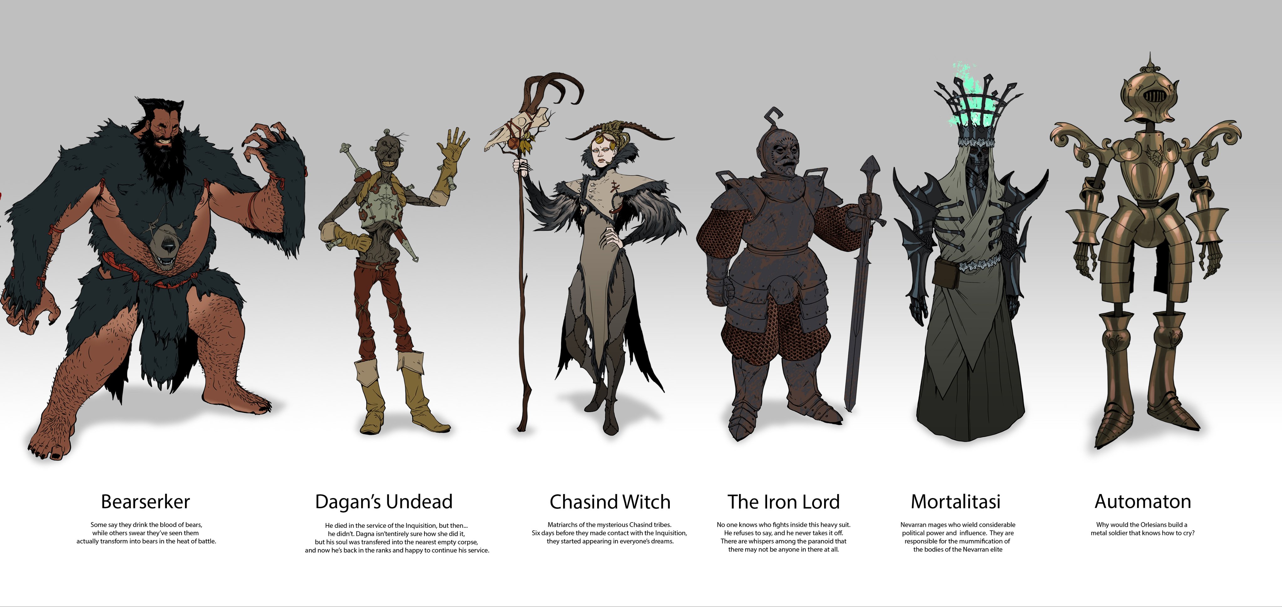 vzntqparujezmjvy2h4v6y Character concepts for Dragon Age, including a "Bearserker," armored knight, and Orlesian automaton