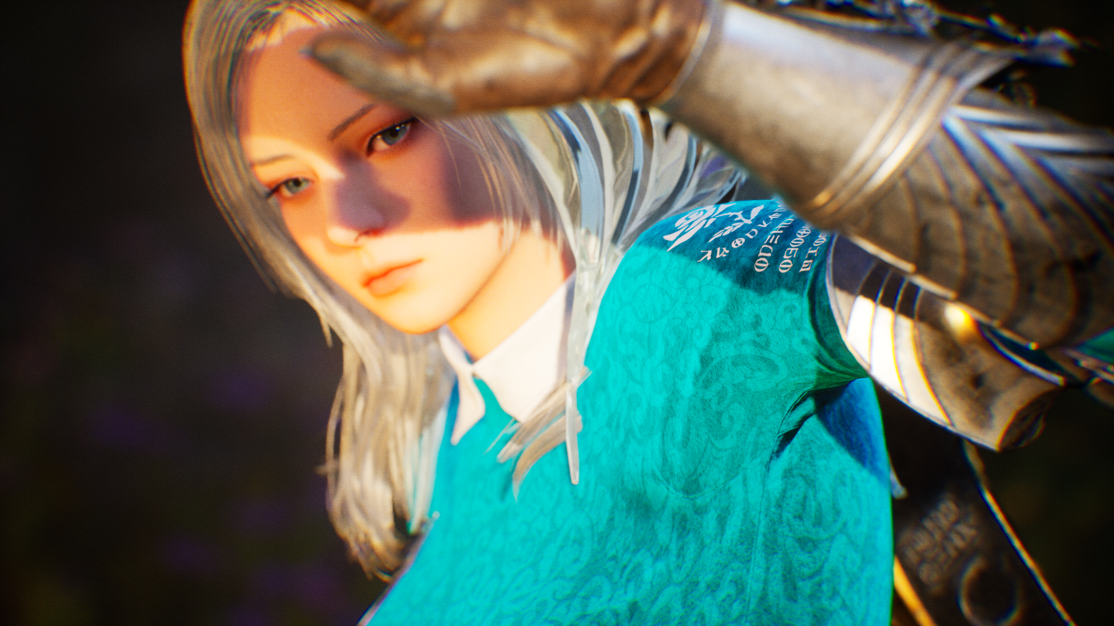 A white haired woman in a blue shirt from Vindictus: Defying Fate shielding her eyes from a bright light off screen
