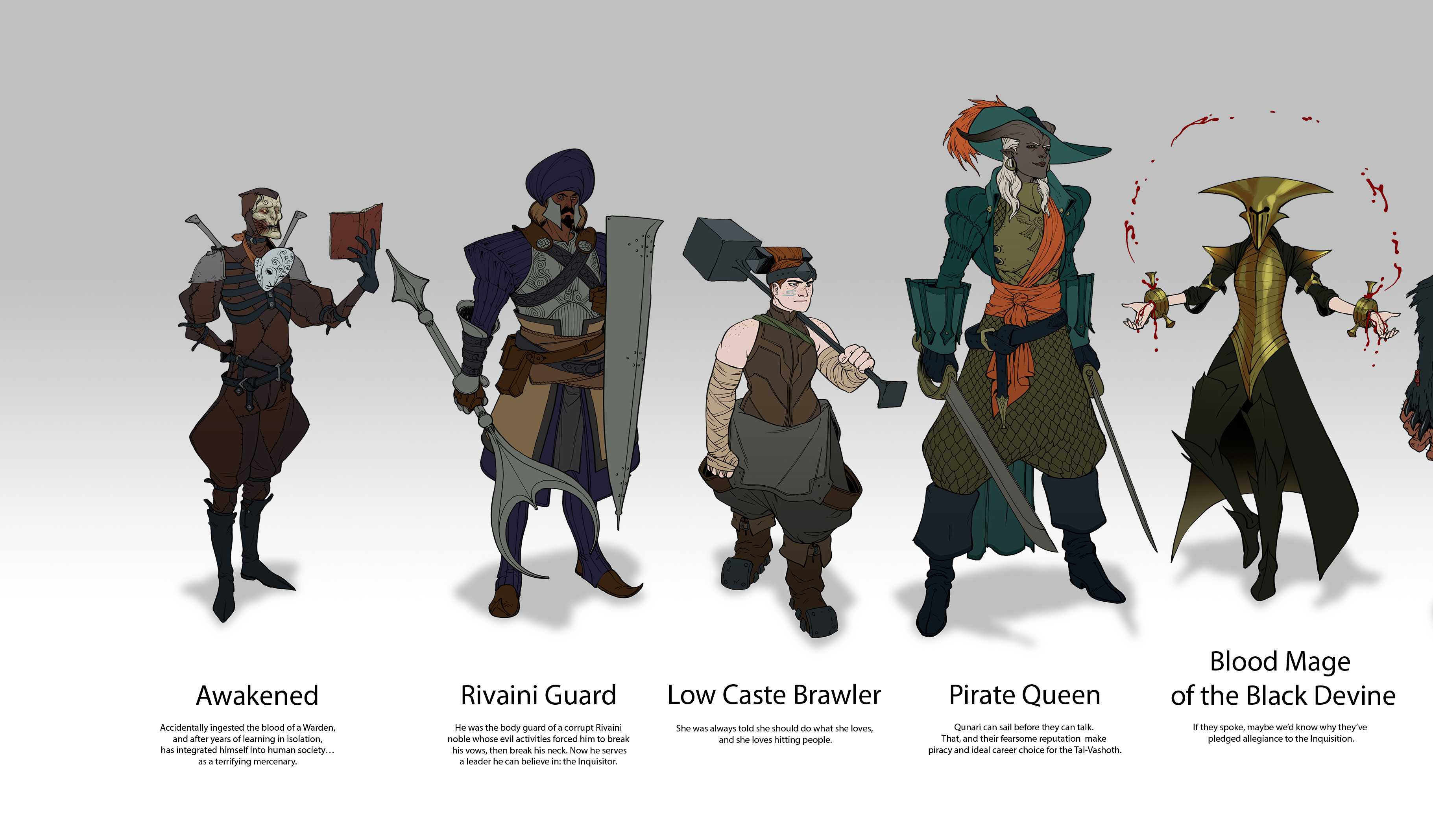 xucwr6b85s7rbclvdfzkzy Dragon Age character concepts, including an undead assassin and Qunari swashbuckler