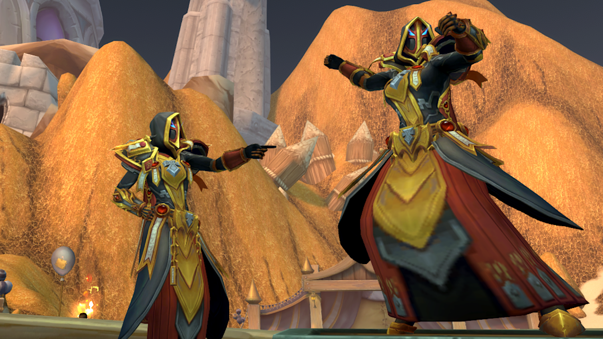 zdoaf7m5h5fkkaptwvrkow-1 A paladin, wearing a judgement set of armour, points at a statue of themselves in World of Warcraft: The War Within's 20th anniversary event.