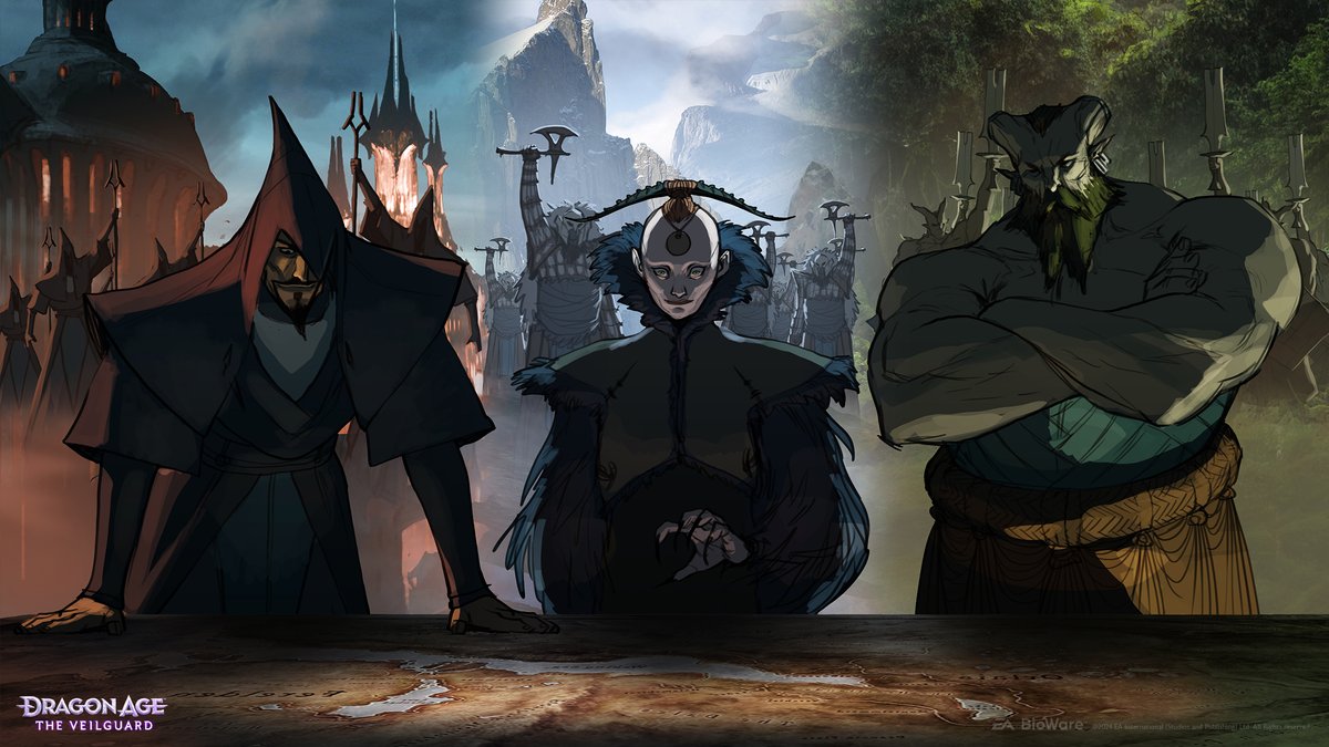 zlen3c3grshwengfwp9xtz-1 Two Tevinter Mages and a bearded Qunari look over a map of Thedas while barbarian warriors and some manner of ruin are visible in the background.