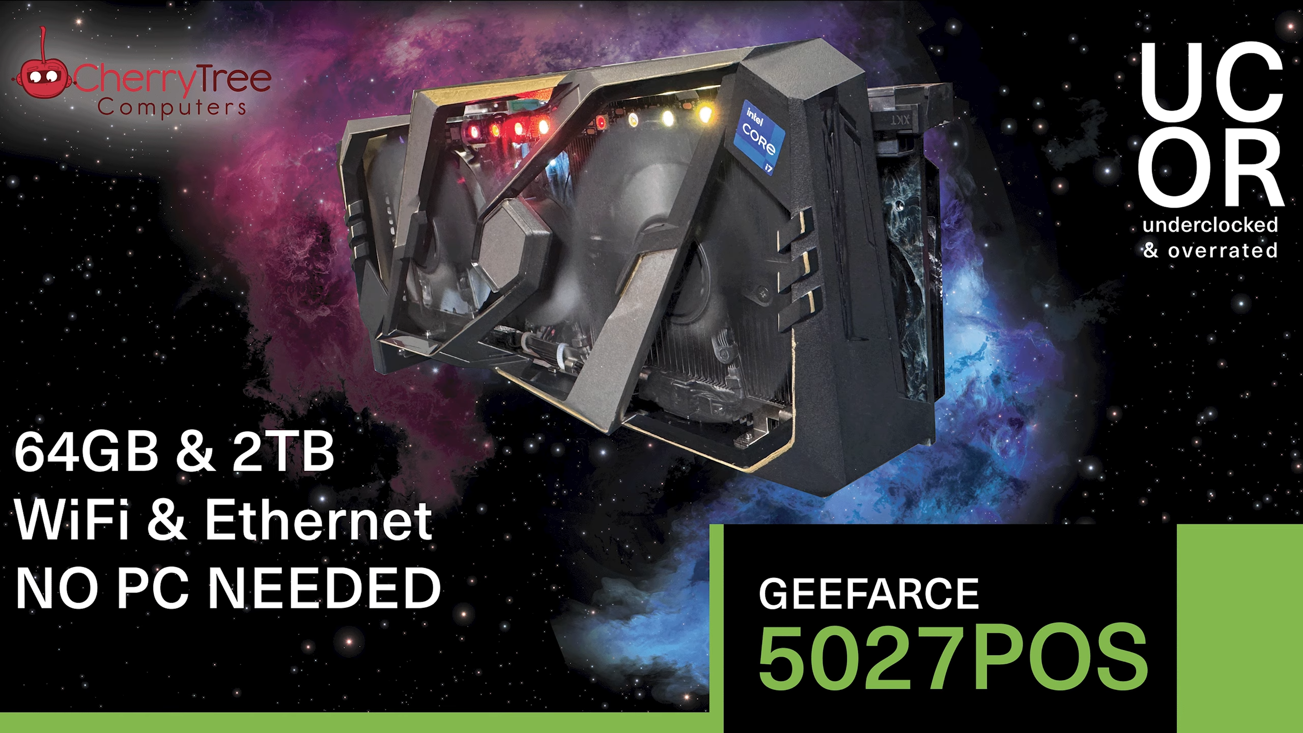 CherryTree Compyers' prebuilt PC housed in the salvaged chassis of a modern GPU floats through space.