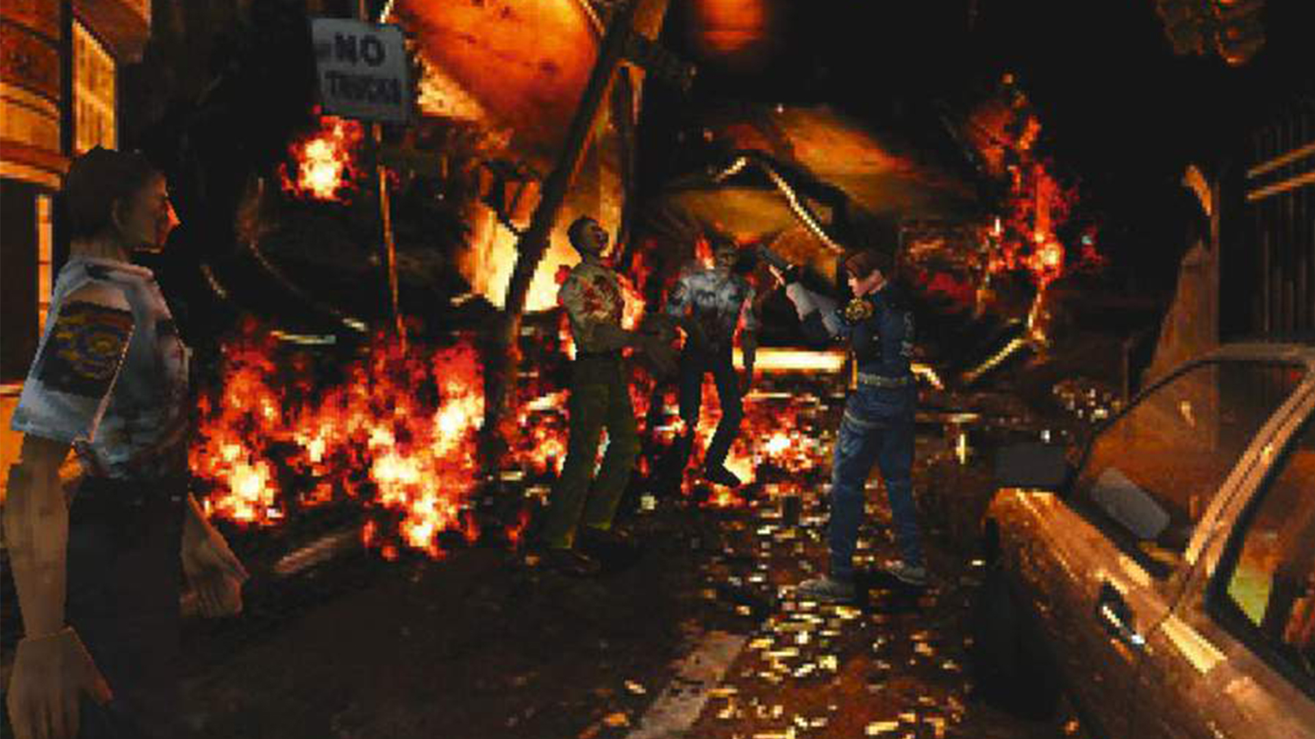 Resident Evil 2 screenshot of Leon rushing past zombies on a burning road to get to the Raccoon City Police Department.