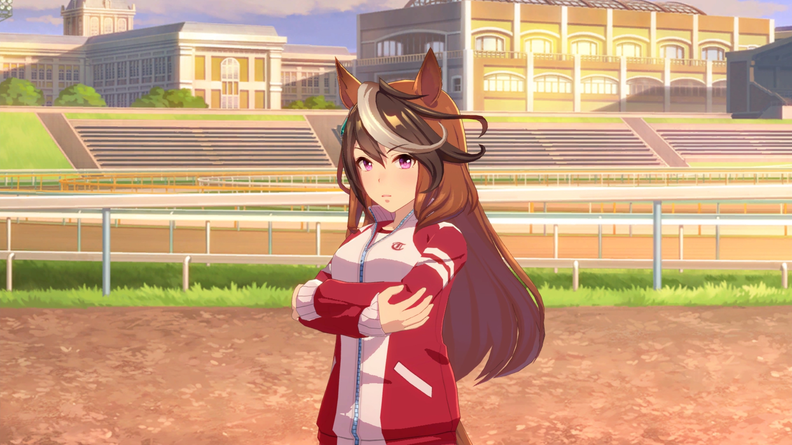 Symboli Rudolf from Umamusume: Pretty Derby in a red tracksuit with her arms crossed.