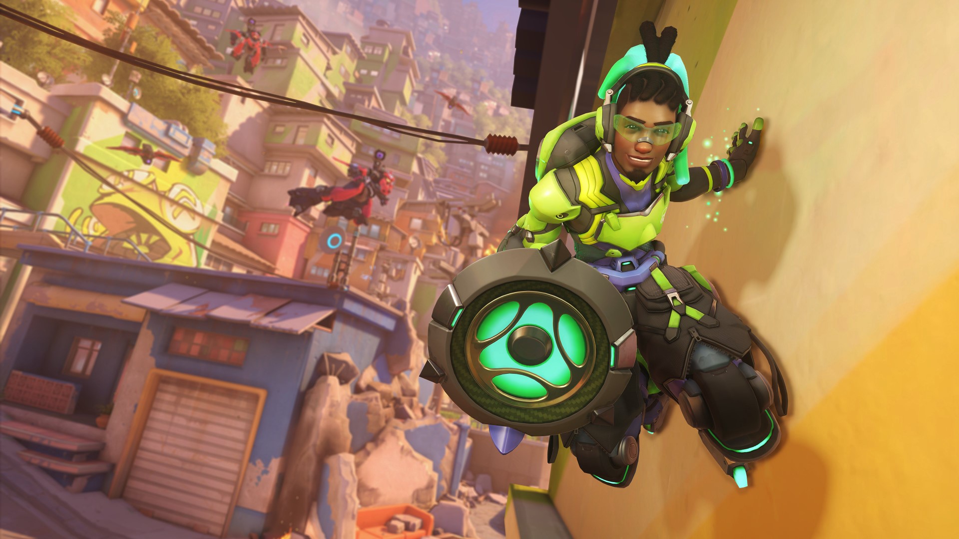amxtdg3sc2gbywg2y62yak-1 Overwatch hero Lucio wall riding in his neon green outfit in a bright favella