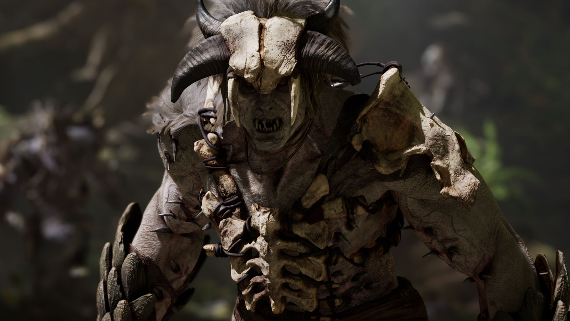 Ark 2 screenshot displaying a towering enemy glad in dinosaur skulls for armor