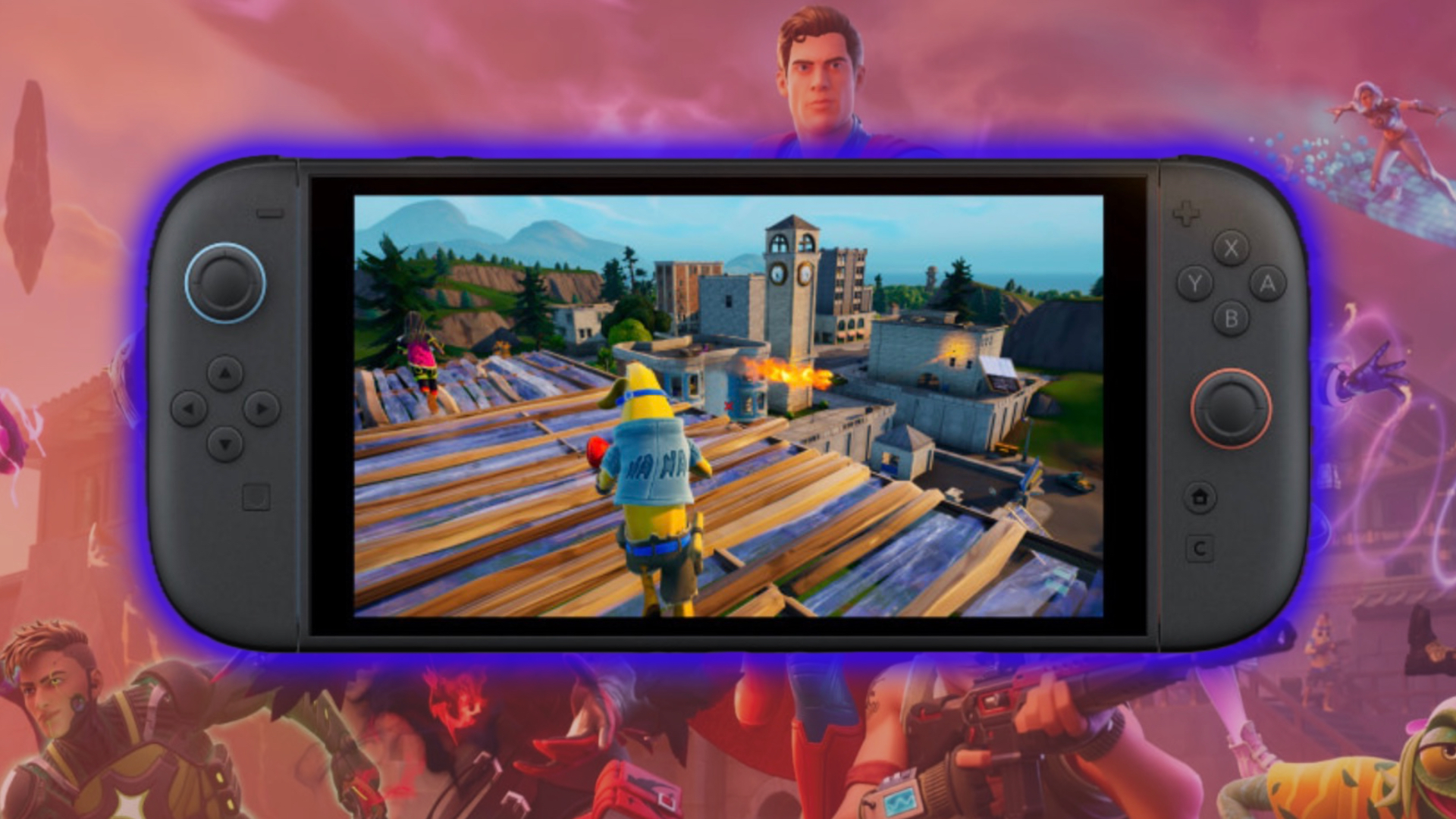 A picture of Fortnite running on the Nintendo Switch 2, with splash art of the game's characters in the background