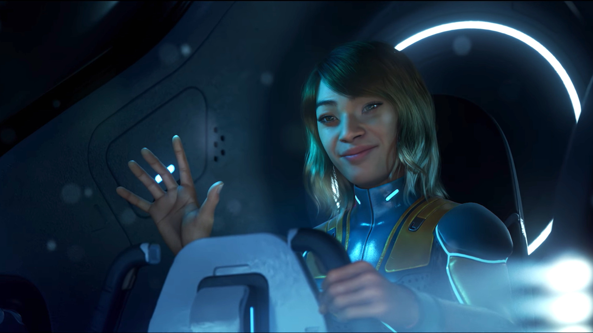 A woman in a underwater machine waving during the cinematic teaser for Subnautica 2.