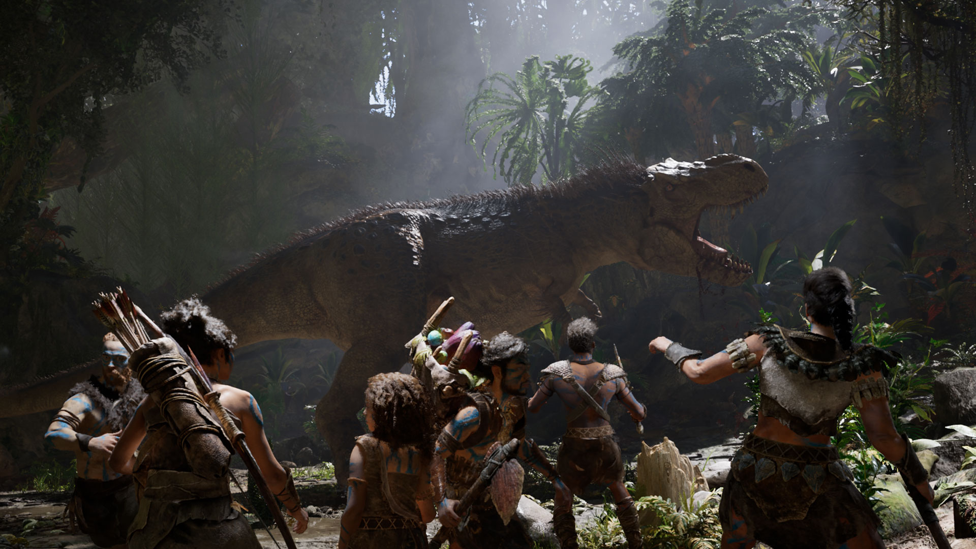 Ark 2 screenshot displaying a group of survivors running in fear from a T-Rex