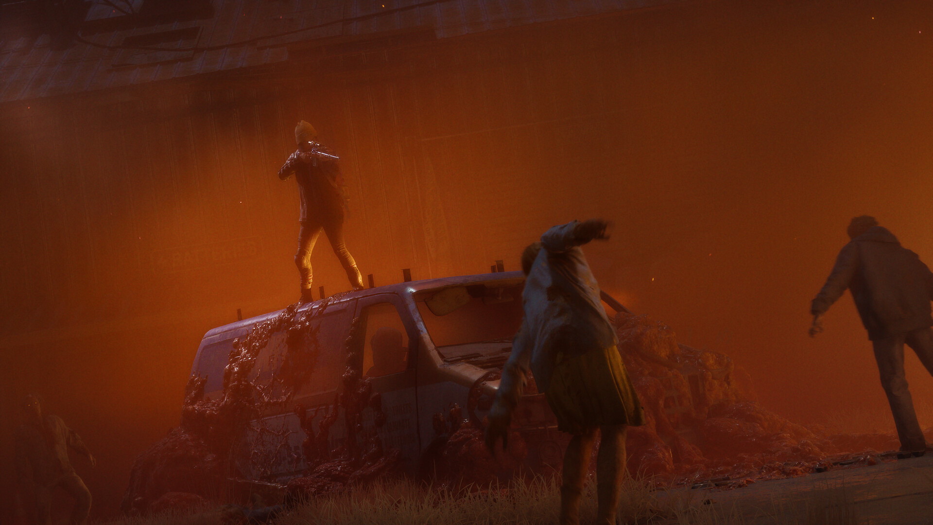 State of Decay 3 screenshot showing a survivor on top of a car, aiming their gun at nearby zombies