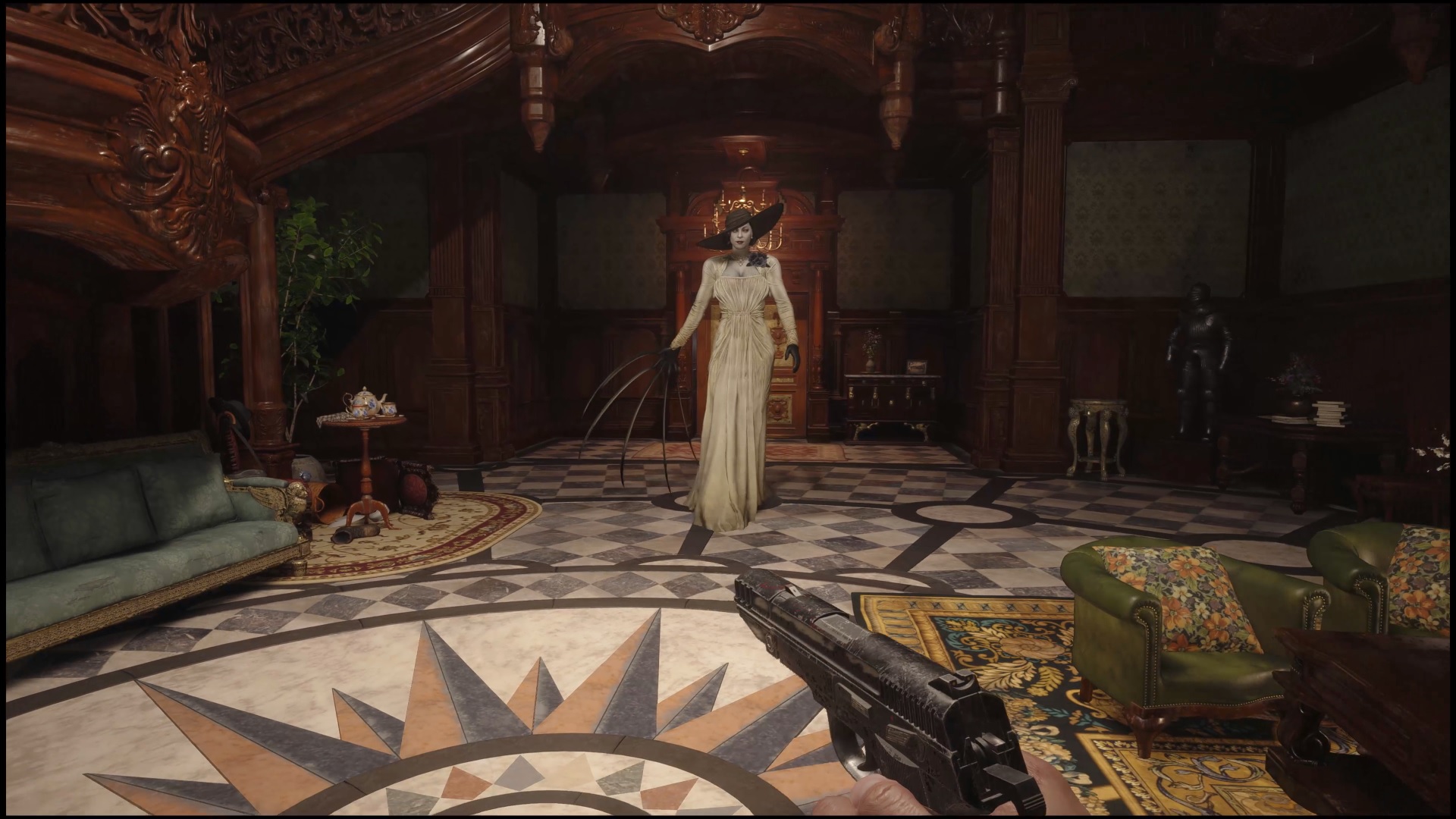 Resident Evil Village screenshot of protagonist Ethan Winters facing off with Lady Dimitrescu in the drawing room of her castle.