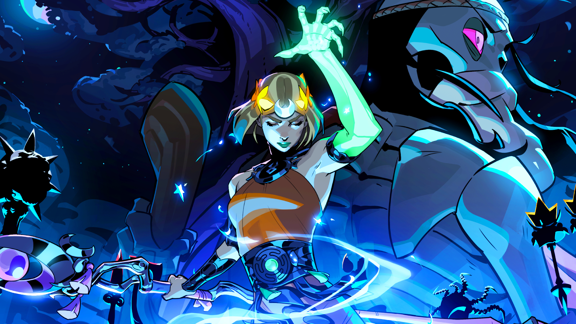 The witch Melinoe holds up her ghostly hand to conjure something magical with her staff in the other hand. A dark blue sky broods in the background with a skeleton man on the right side of the frame.