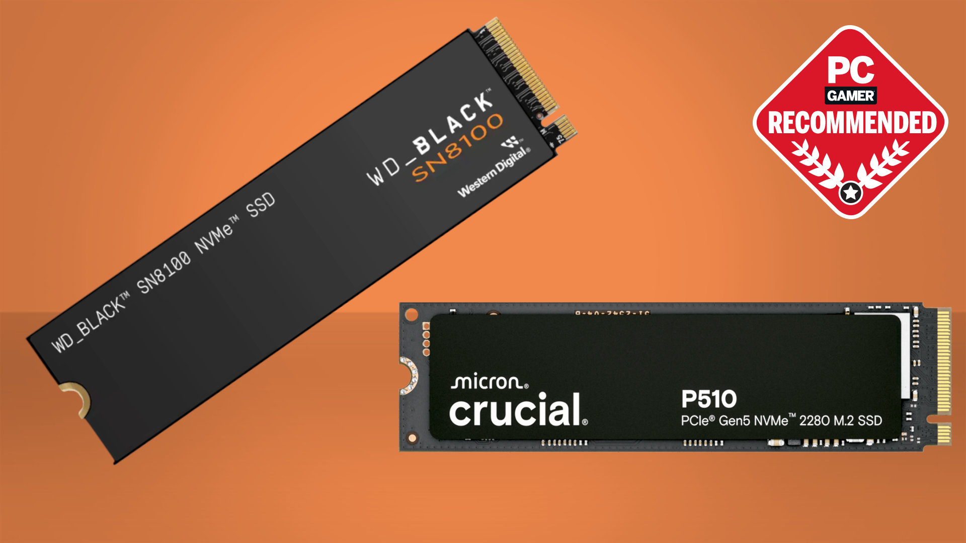 A pair of PCIe 5.0 gaming SSDs against a gradient red/orange background with a PC Gamer Recommended logo in the corner.